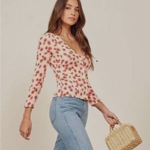 Reformation Jemma Top - Daisy Days, Fitted 3/4 Sleeve Blouse